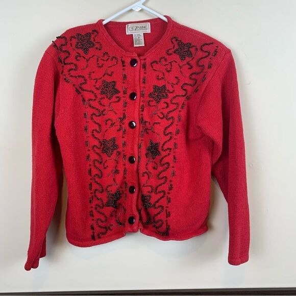 CeZanne Vintage 80’s Knit button up red & black beaded cardigan Sweater Medium - Picture 1 of 10